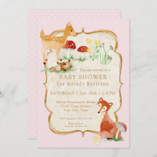 BOHO Deer Fox Owl Forest Pink Girl Baby shower Kaart
