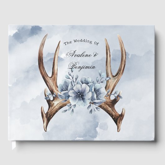 Boho Deer gewei met blauwe bloemen bruiloft Gastenboek (Voorkant)