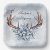 Boho Deer gewei met blauwe bloemen bruiloft Papieren Bordje (Voorkant)