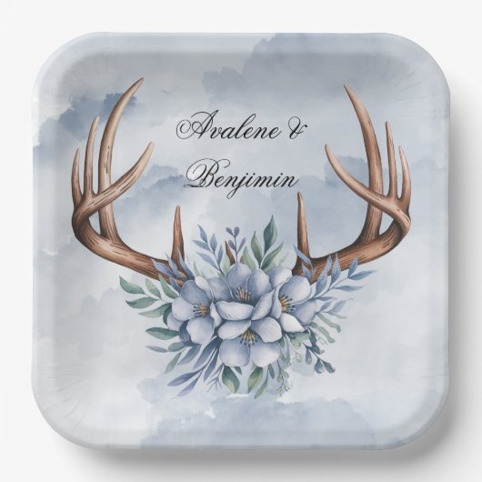 Boho Deer gewei met blauwe bloemen bruiloft Papieren Bordje (Voorkant)