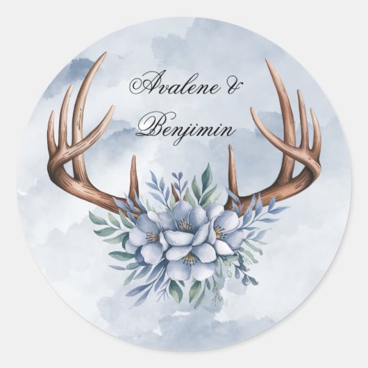 Boho Deer gewei met blauwe bloemen bruiloft Ronde Sticker (Voorkant)