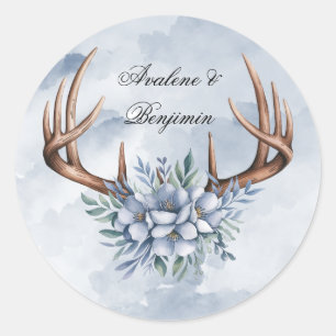Boho Deer gewei met blauwe bloemen bruiloft Ronde Sticker