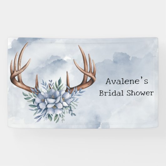 Boho Deer gewei met blauwe bloemen bruiloft Spandoek (Horizontaal)