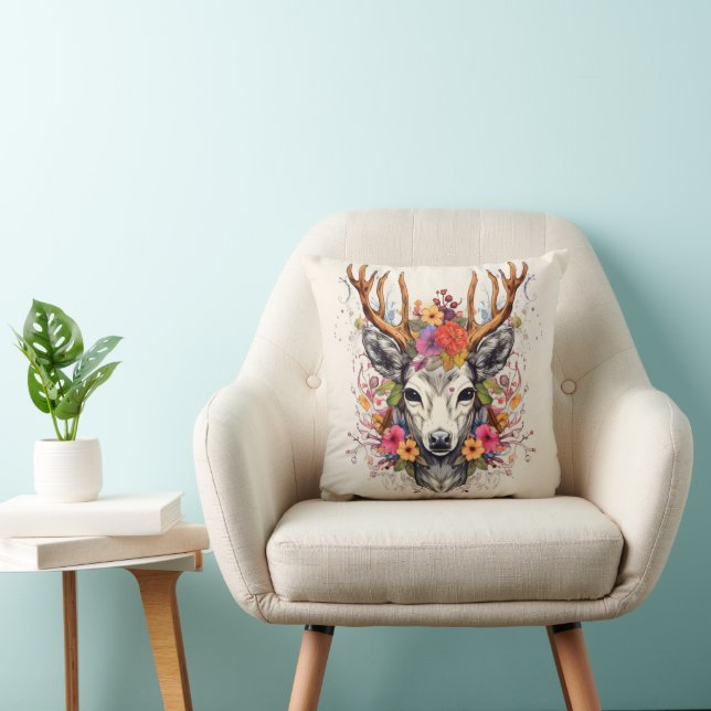 Boho Deer Kleurrijke Bloemen Kussen (Stoel)