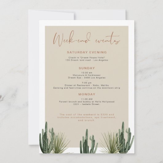 Boho Desert Cactus Bachelorette Reisplan Kaart (Achterkant)