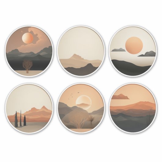 Boho Desert Horizon: Surrealistisch Landschap Rond Sticker (Voorkant)