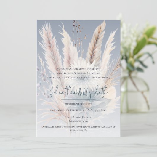 Boho d'hiver Mariage Floral | Invitation bleue (Debout devant)
