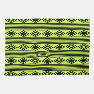 Boho Diamonds Stripes Black Chartreuse Theedoek