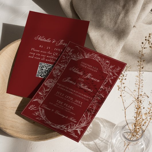 Boho Dieprode Bloem QR Code Botanische Bruiloft Kaart