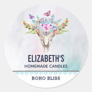 Boho Dierenschedel met Vlinders Kaars / Zeep Ronde Sticker