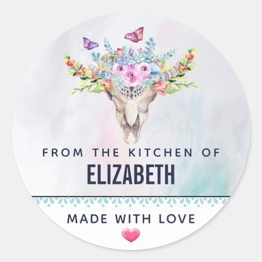 Boho Dierenschedel met Vlinders Keuken Ronde Sticker (Voorkant)