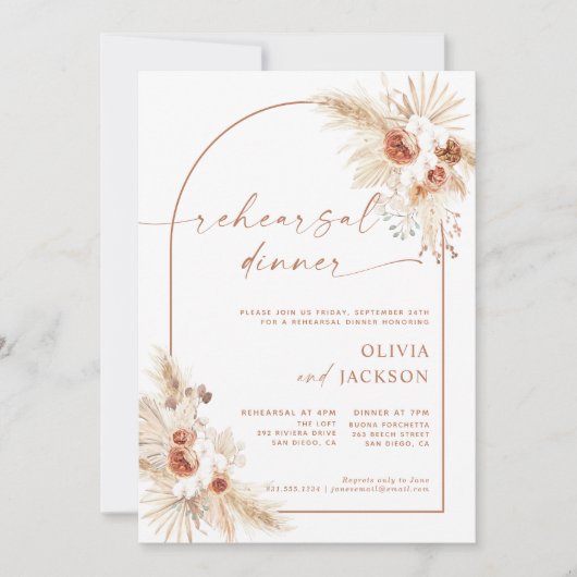 Boho Dîner de répétition Mariage Invitation Pampas (Devant)