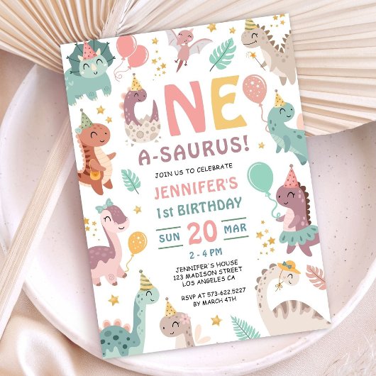 Boho Dinosaur Girl 1st Birthday Invitation Kaart