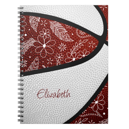 Boho doedle bloemen marinier witte basketbal notitieboek (Voorkant)
