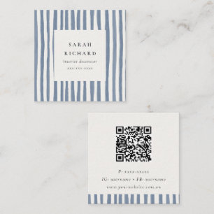 Boho donkerblauwe handgetekende strepen QR-code Vierkante Visitekaartje