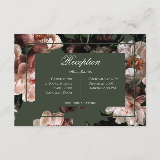 Boho donkere pioen bloemen bruiloft receptie informatiekaartje (Voorkant)