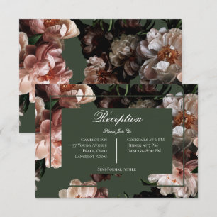 Boho donkere pioen bloemen bruiloft receptie informatiekaartje