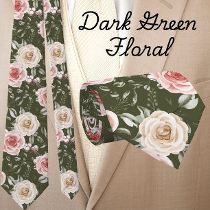 Boho donkere saliegroen blozende crèmewitte bloeme stropdas