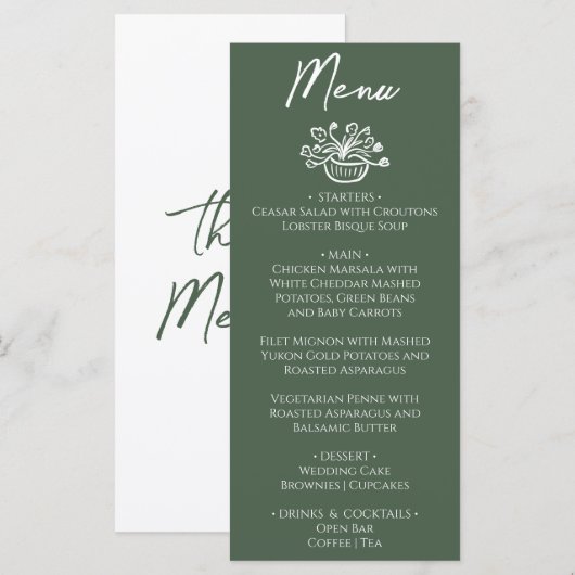 Boho donkergroene bloemhuwelijk menu (Voorkant / Achterkant)