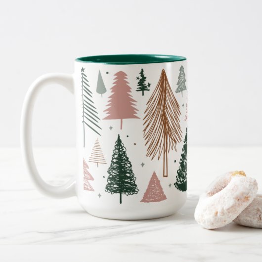 Boho Doodle-kerstboompatroon Tweekleurige Koffiemok (Met donut)