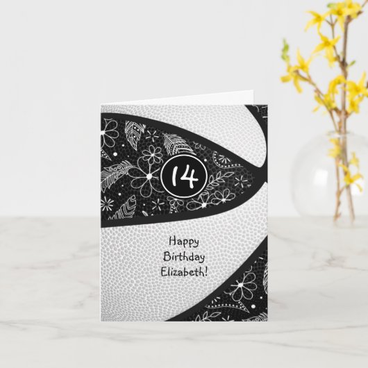 boho-doodle zwart wit meisjesachtig basketbal verj kaart (Gele Bloem)