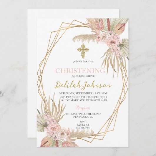 Boho doop uitnodiging voor meisje (Voorkant / Achterkant)