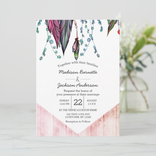 Boho Dream Catcher & Feathers bruiloft uitnodiging (Staand voorkant)