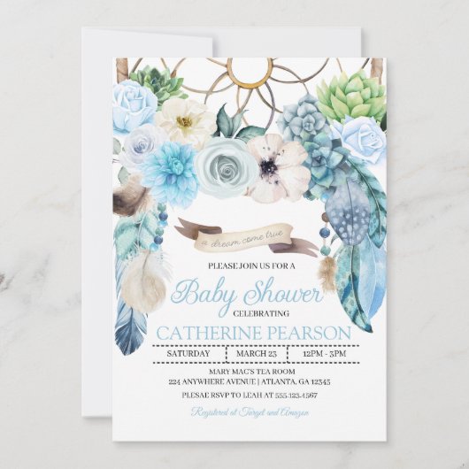 Boho Dreamcatcher Baby shower bleu Invitation (Devant)