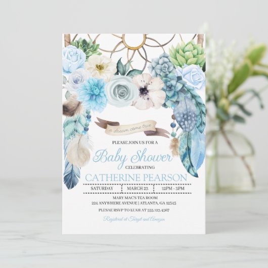 Boho Dreamcatcher Baby shower bleu Invitation (Debout devant)