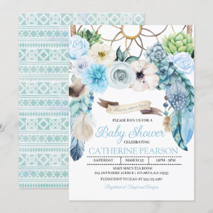 Boho Dreamcatcher Baby shower bleu Invitation