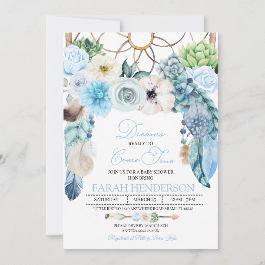 Boho Dreamcatcher Blue Baby shower Invitation Kaart (Voorkant)