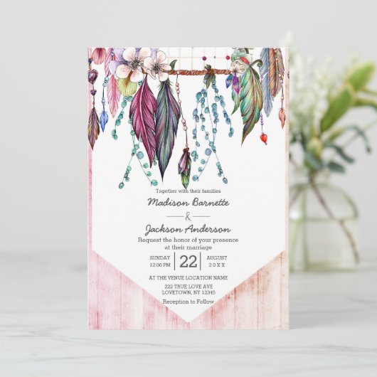 Boho Dreamcatcher & Feathers Faire-part de mariage (Debout devant)