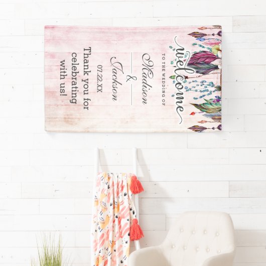 Boho Dreamcatcher & Feathers Roze Bruiloft Welkom Spandoek (Insitu)