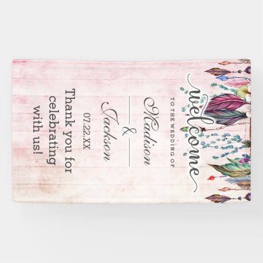 Boho Dreamcatcher & Feathers Roze Bruiloft Welkom Spandoek (Horizontaal)