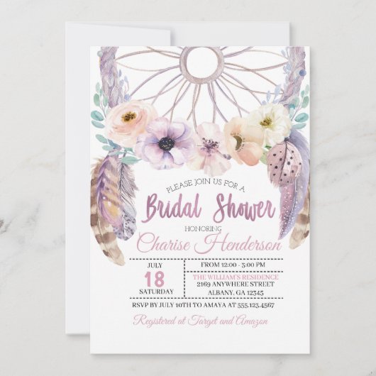 Boho Dreamcatcher Purple Bridal Shower Invitation (Devant)