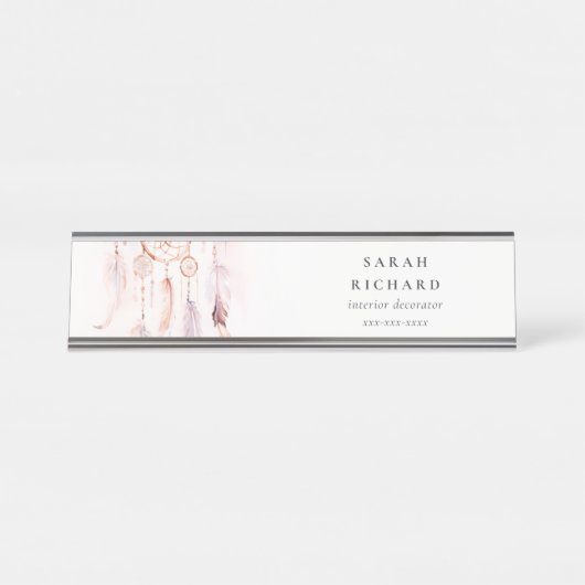 Boho Dreamcatcher Waterverf Lila Blush Peach Bureau Naambordje (Voorkant)