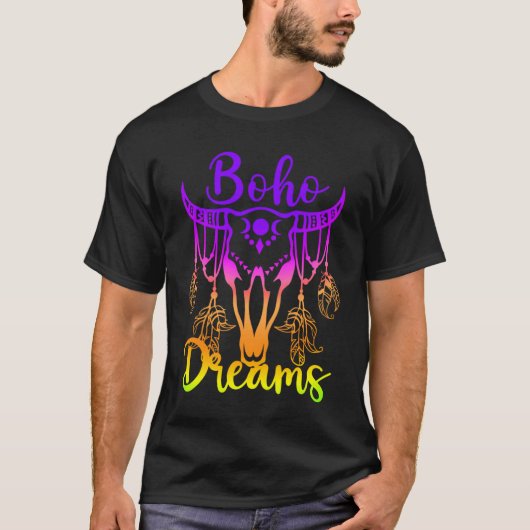 Boho Dreams Cattle Skull Feathers Bright Rainbow O T-shirt (Voorkant)