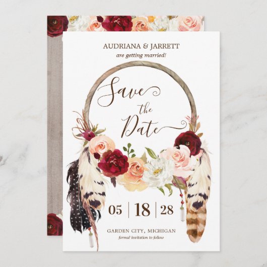 Boho Dreamweaver Blush & Peach Rozen Save The Date (Voorkant / Achterkant)