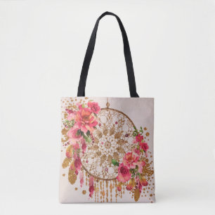 Boho Dreamweaver Pink Gold Floral Waterverf Draagtas