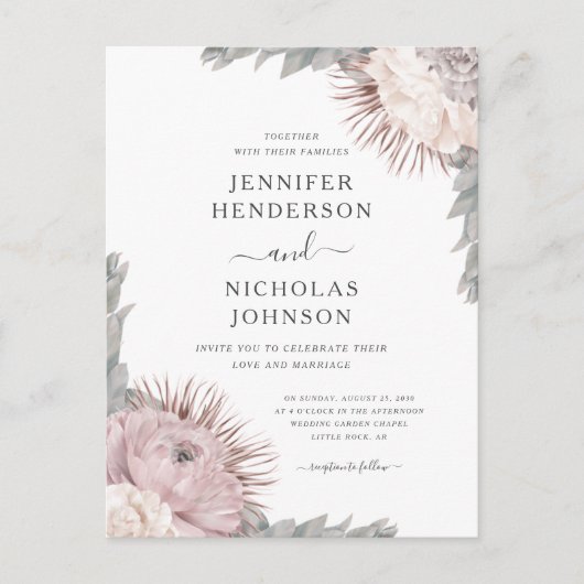 Boho Dried Flowers Dusty Roos Wedding Invitation Uitnodiging Briefkaart (Voorkant)