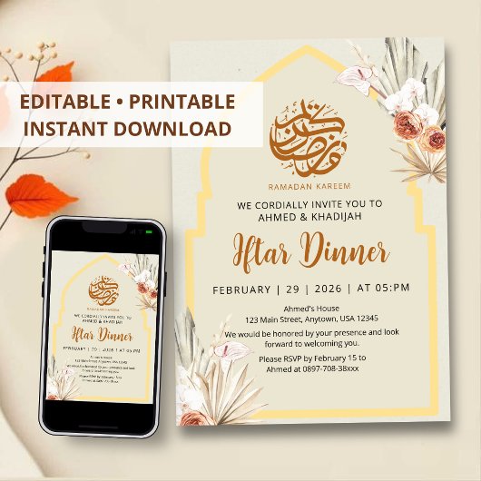 Boho Dried Flowers Ramadan Iftar Dinner Invitation
