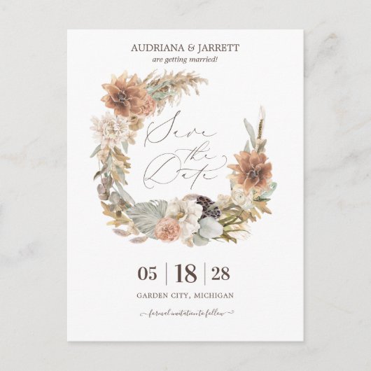 Boho Dried Pampas Grass Autumn sparen de Datum Briefkaart (Voorkant)