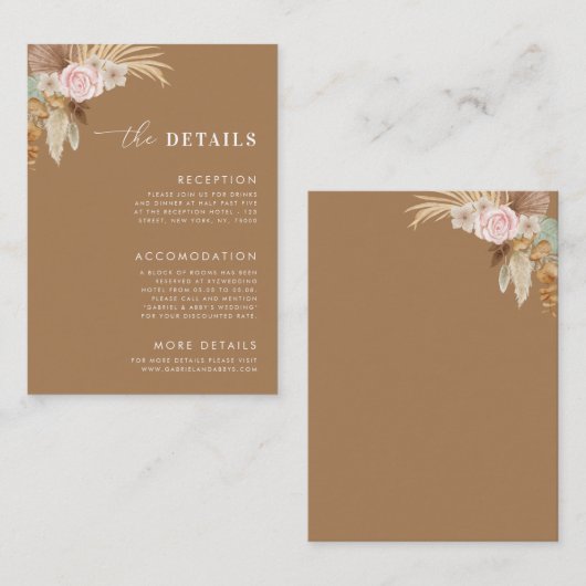 Boho Dried Pampas Grass Desert Wedding Details Informatiekaartje (Voorkant / Achterkant)