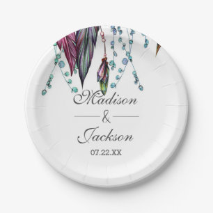 Boho Drocatcher & Feathers Pink Wedding Monogram Papieren Bordje