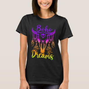 Boho Dromen Runderen Schedel Veren Helder Regenboo T-shirt