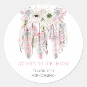 Boho Droomvanger Roze Grijs Ivoor Veren Ronde Sticker