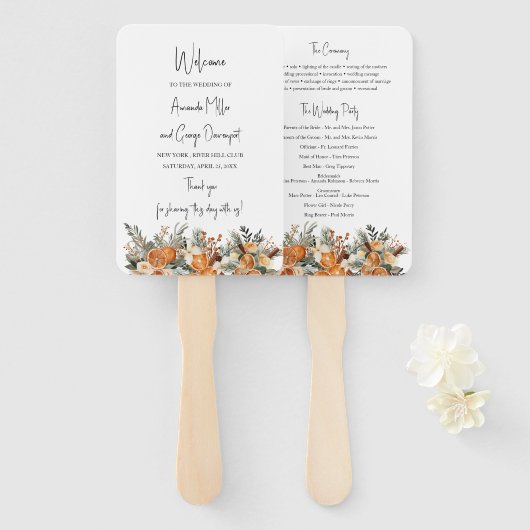 Boho Dry citrus groen huwelijksprogramma fan Handwaaier (Voorkant en achterkant)