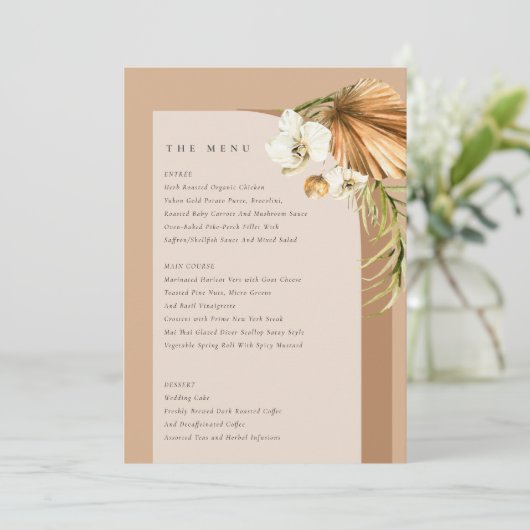 Boho Dry Palm Rust Floral Arch Wedding Menu Kaart (Staand voorkant)