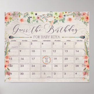 Boho Due Date Calendar Sign Baby shower Game Poster
