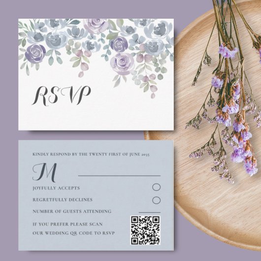 Boho Dusty Blauw & Paarse Bloemen Bruiloft RSVP Informatiekaartje